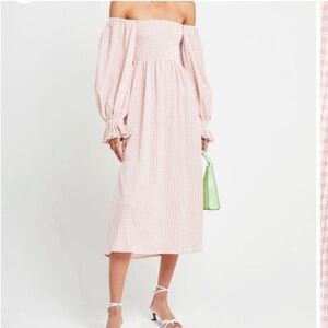 Off-Shoulder Pink Gingham Midi Dress